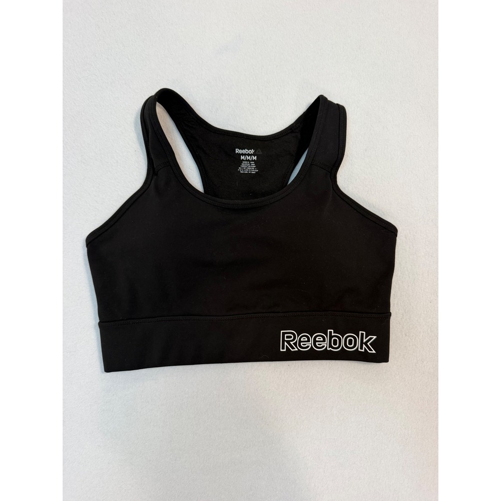 Reebok Womens Black Racerback Sports Bra White Logo Size Medium